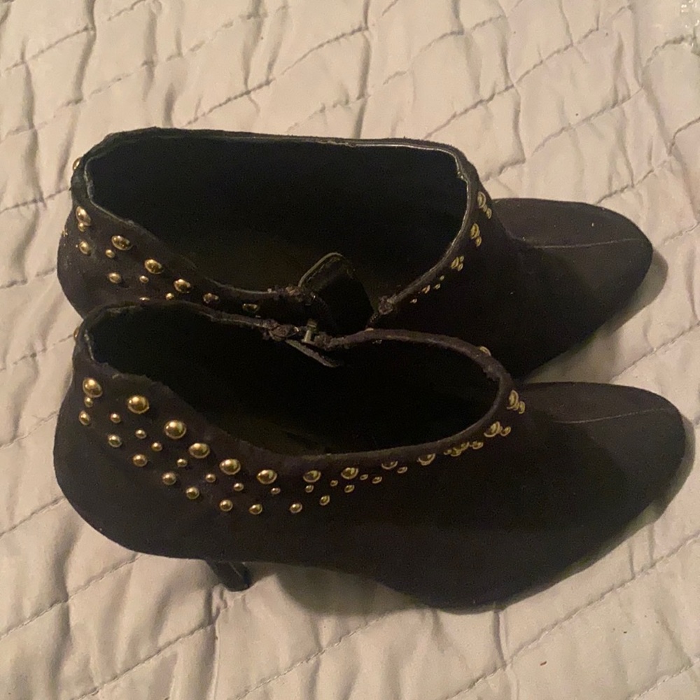 Black suede zip up booties with rivet accents
